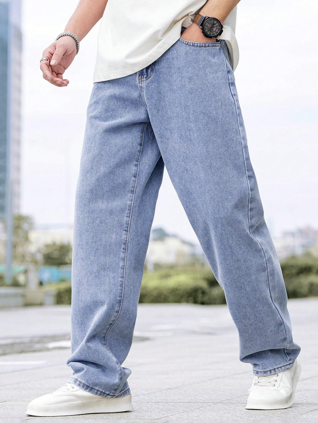 AVANOVA Mens Light Blue Denim Cotton Oversized Loose Baggy Relaxed Fit Wide-Leg Roomy Jeans Pants for Men (Jeans 167 Light Blue