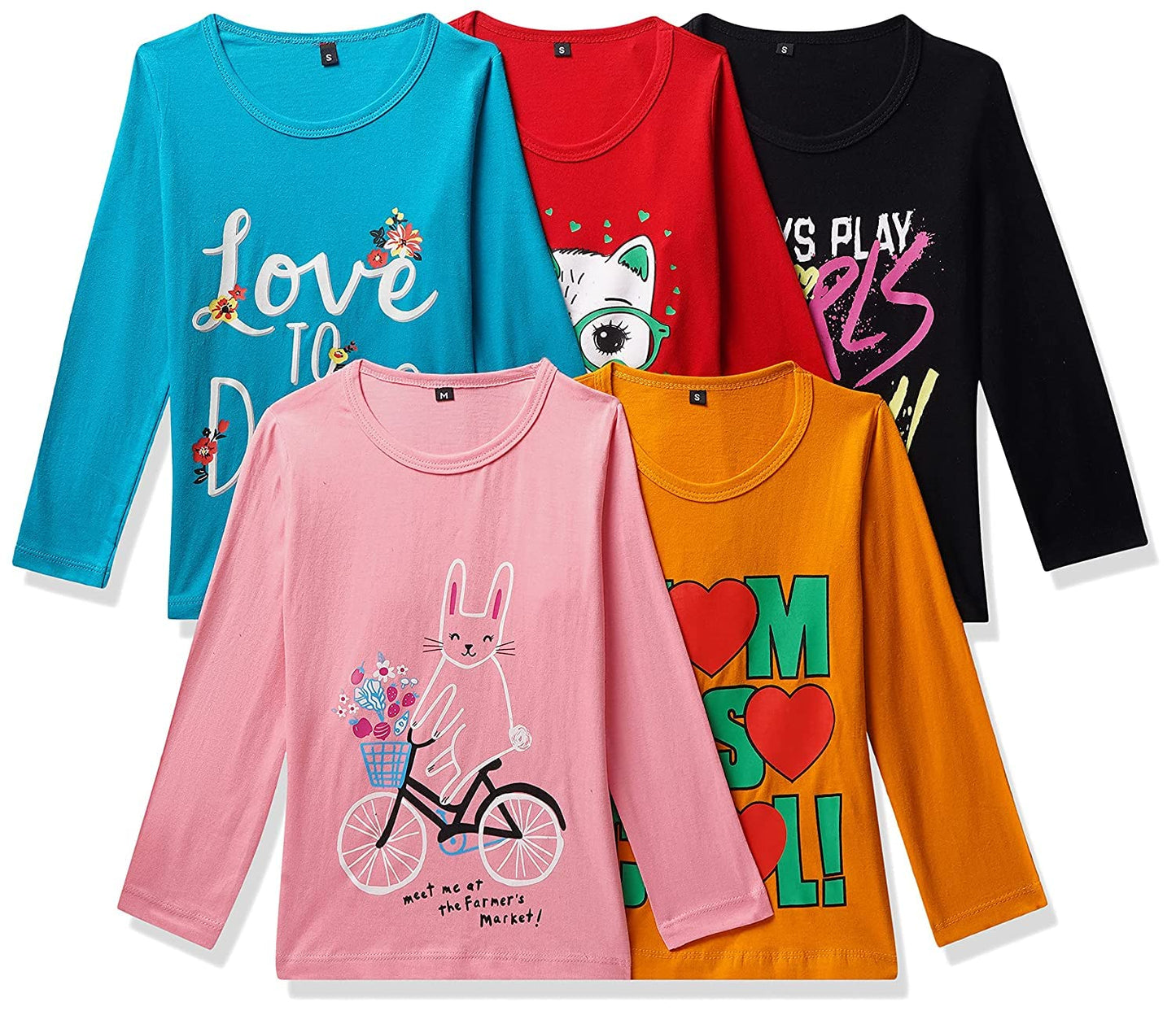 T2F Girls Cotton Printed Regular Fit Full Sleeve T-Shirt(Pack of 5)