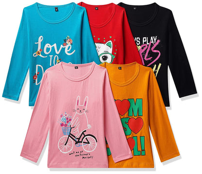 T2F Girls Cotton Printed Regular Fit Full Sleeve T-Shirt(Pack of 5)