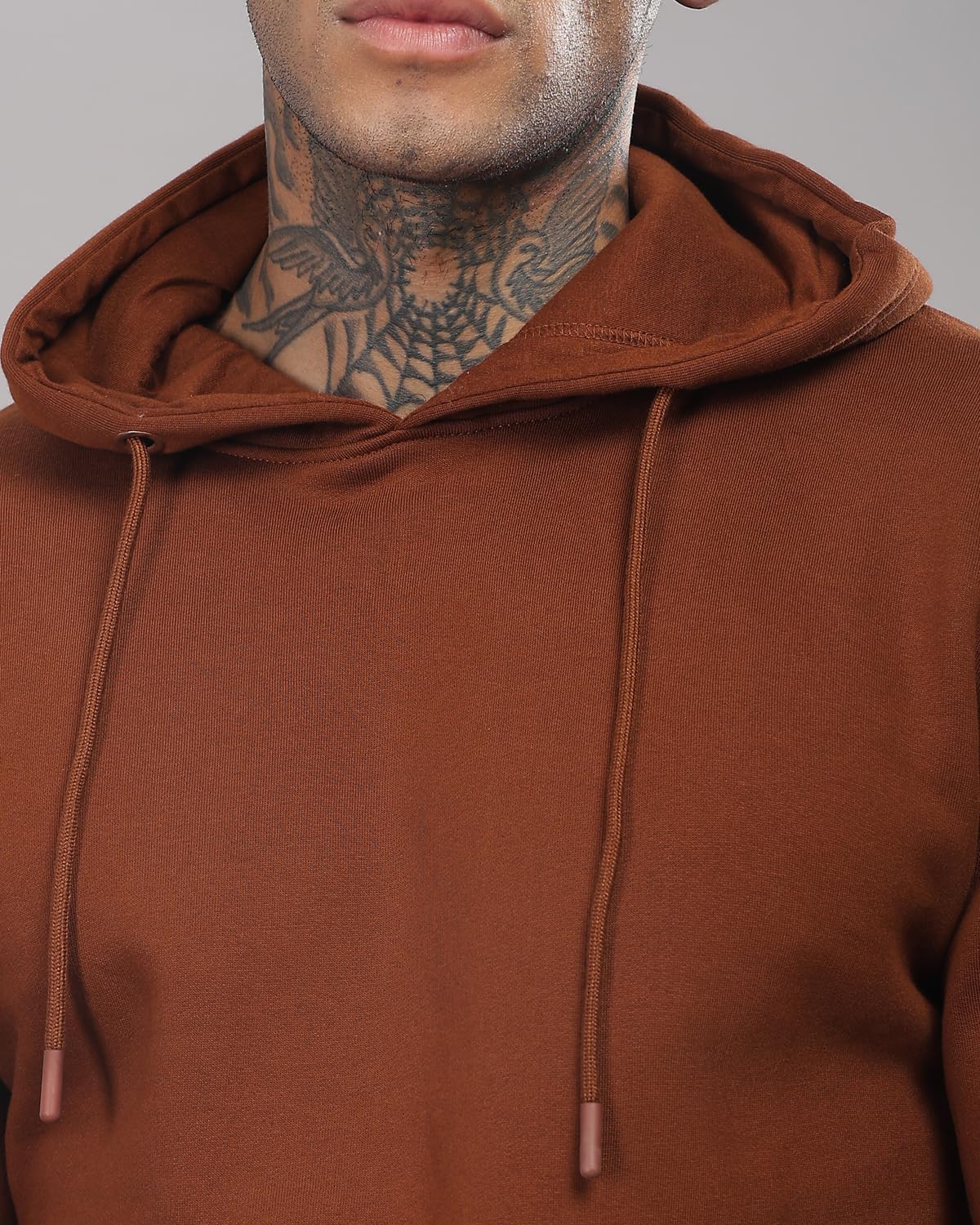 ADRO Men's Cotton Neck Hooded Sweatshirt (H24-M-PLN-BR_Downtown Brown