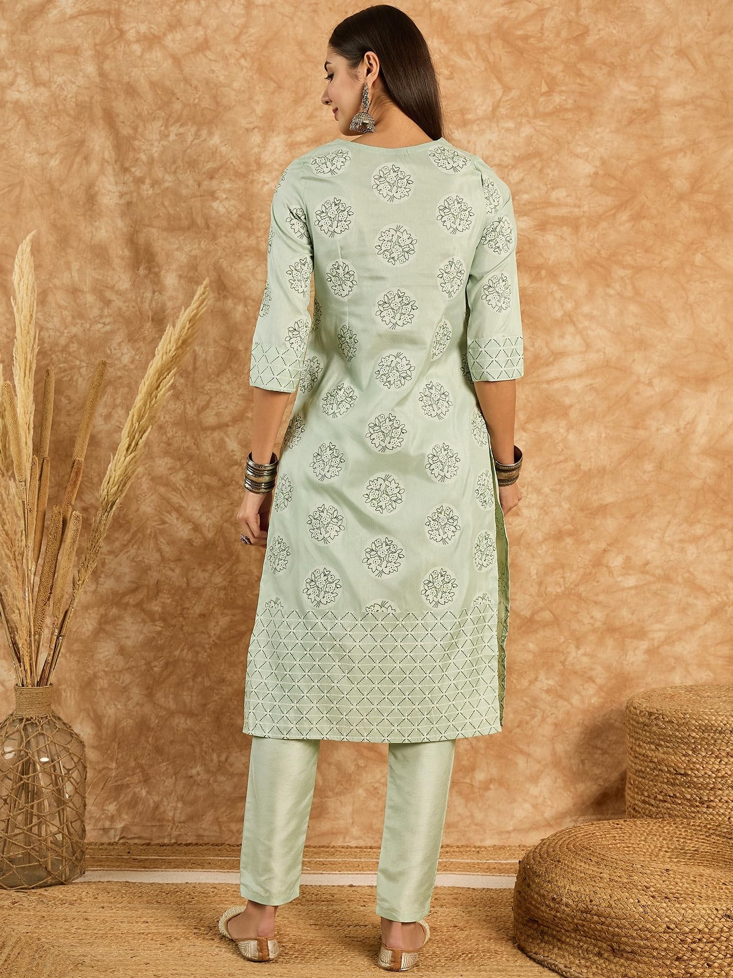 ZIYAA Art Women's Green Poly Silk Kurta and Pant Set