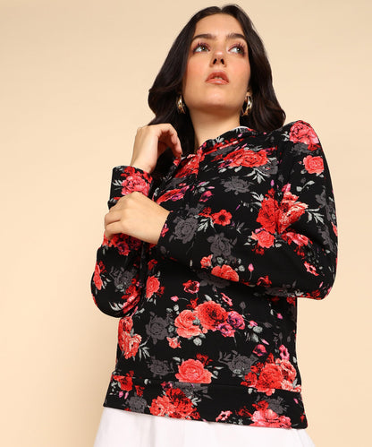 POPWINGS Women Casual Multicolor Floral Printed Hooded Pocket Sweatshirt | Winter Wear | Trendy Womens Sweatshirts