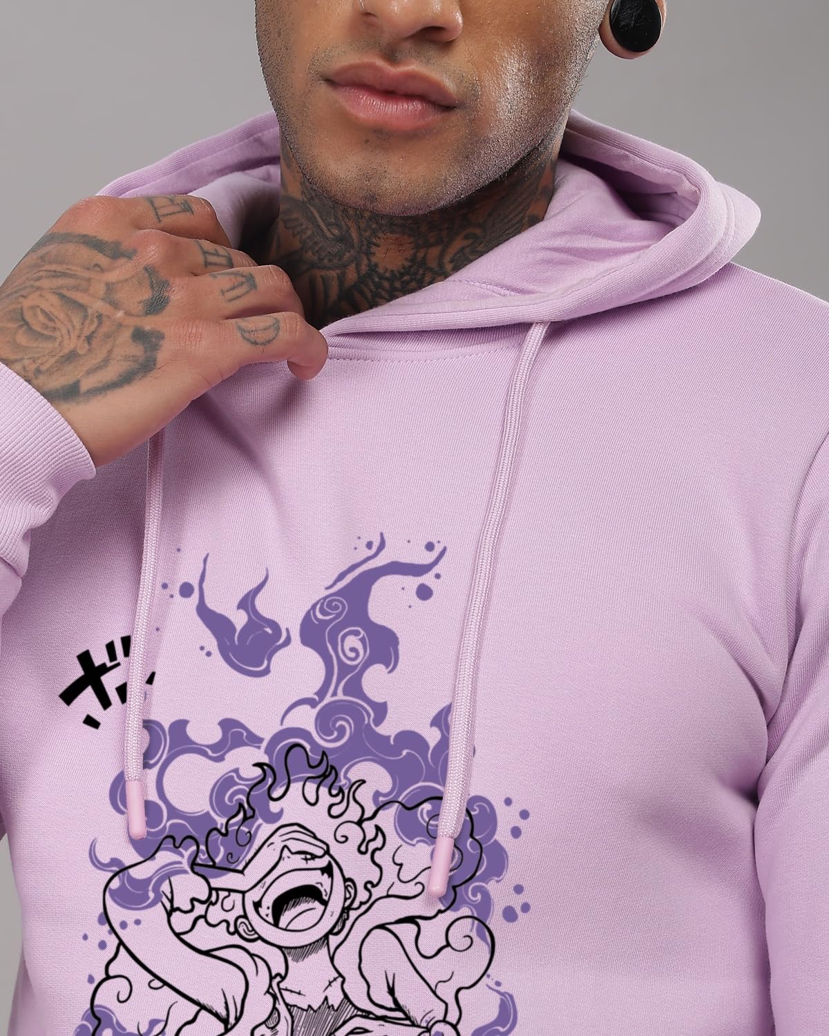 ADRO Men's Cotton Neck Hooded Sweatshirt (H24-LUFFY-PU_Lavender