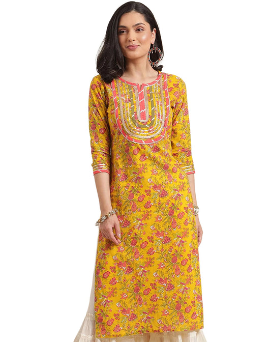 Rytras Women'S Cotton Printed Straight Kurti (Small) Yellow