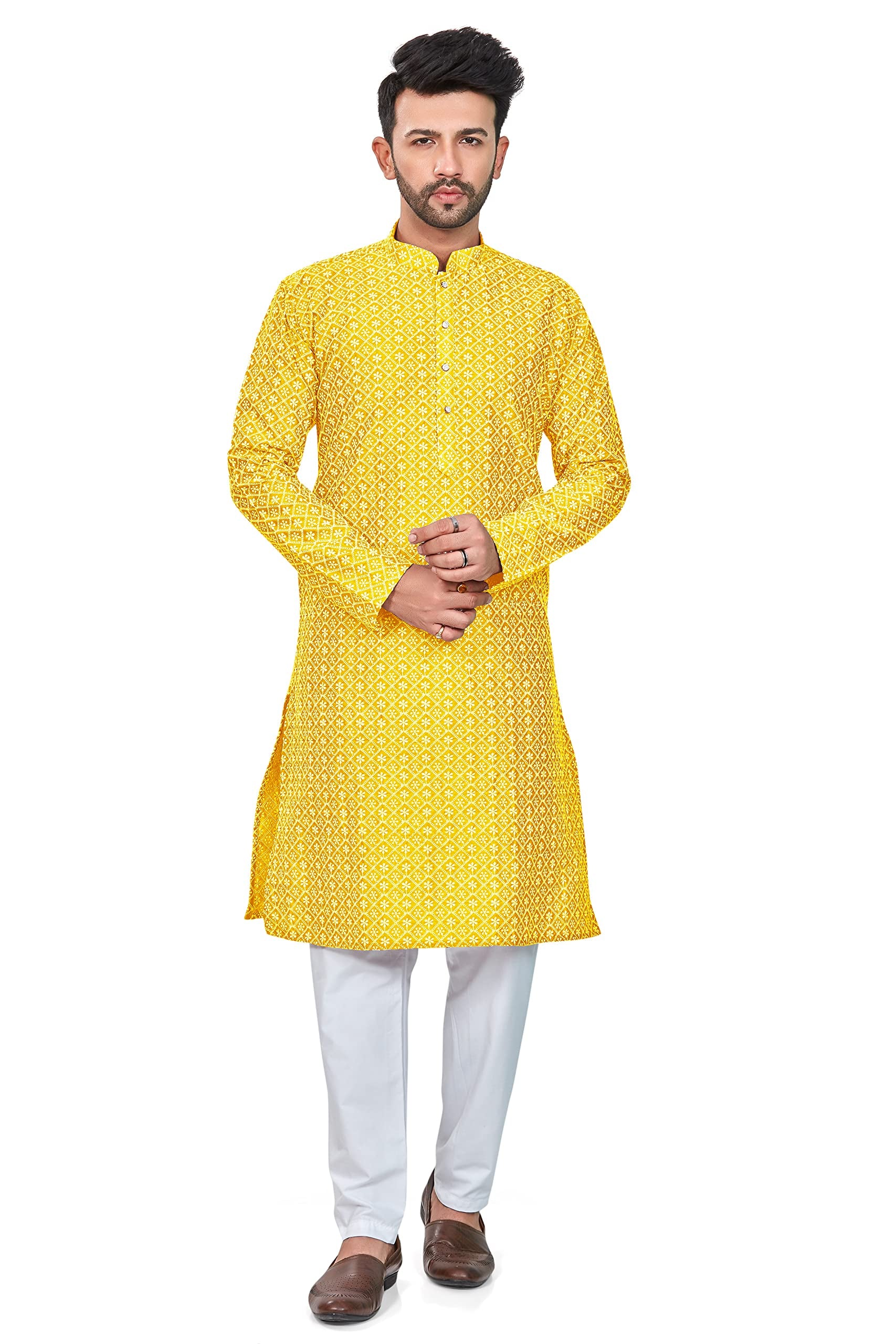 Be Active MenS Embroidered Lucknowi Yellow Kurta Set || Men Kurta Pajama || Men Kurta Pajama Set || Kurta Pajama For Men (Rfsk0