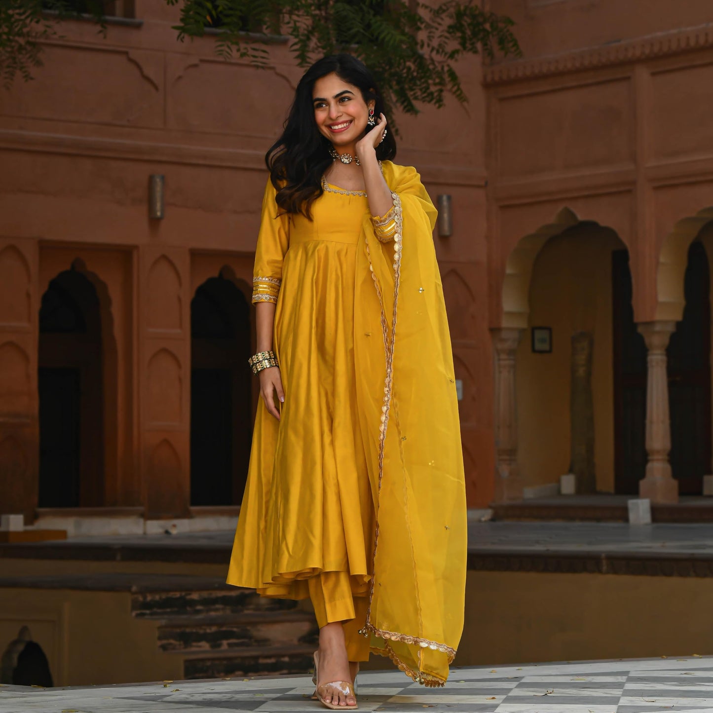 GoSriKi Anarkali Women's Kurta Set, Rayon Blend, Size 44, Yellow, Model SITAPATI YELLOW-GS