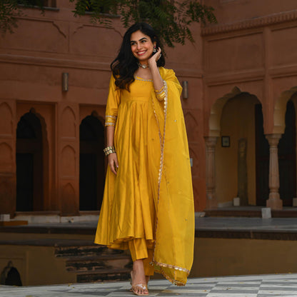 GoSriKi Anarkali Women's Kurta Set, Rayon Blend, Size 44, Yellow, Model SITAPATI YELLOW-GS