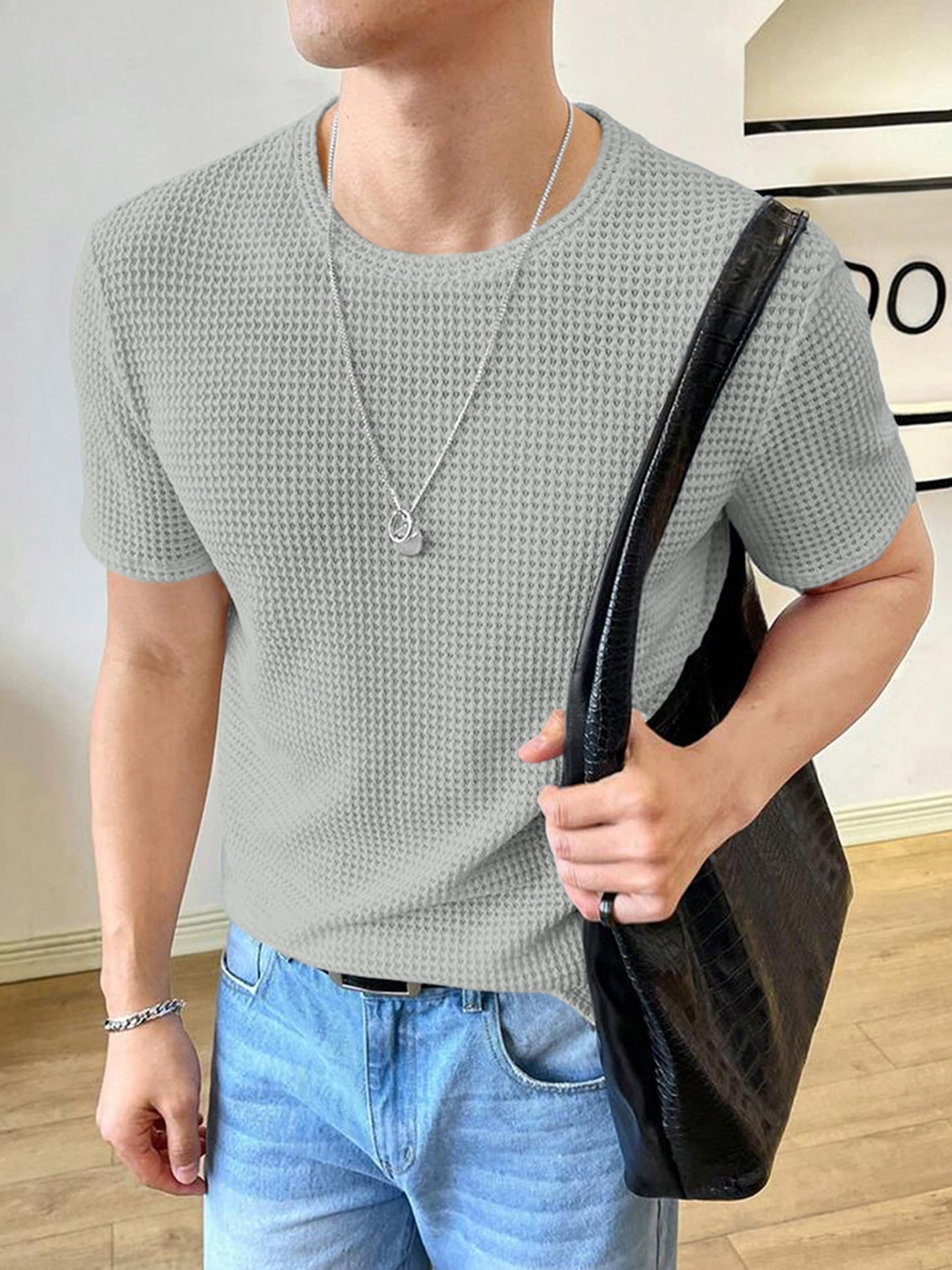 Noble Monk MenS Solid Regular Fit T-Shirt (T1116_Model_Cement Grey-1116
