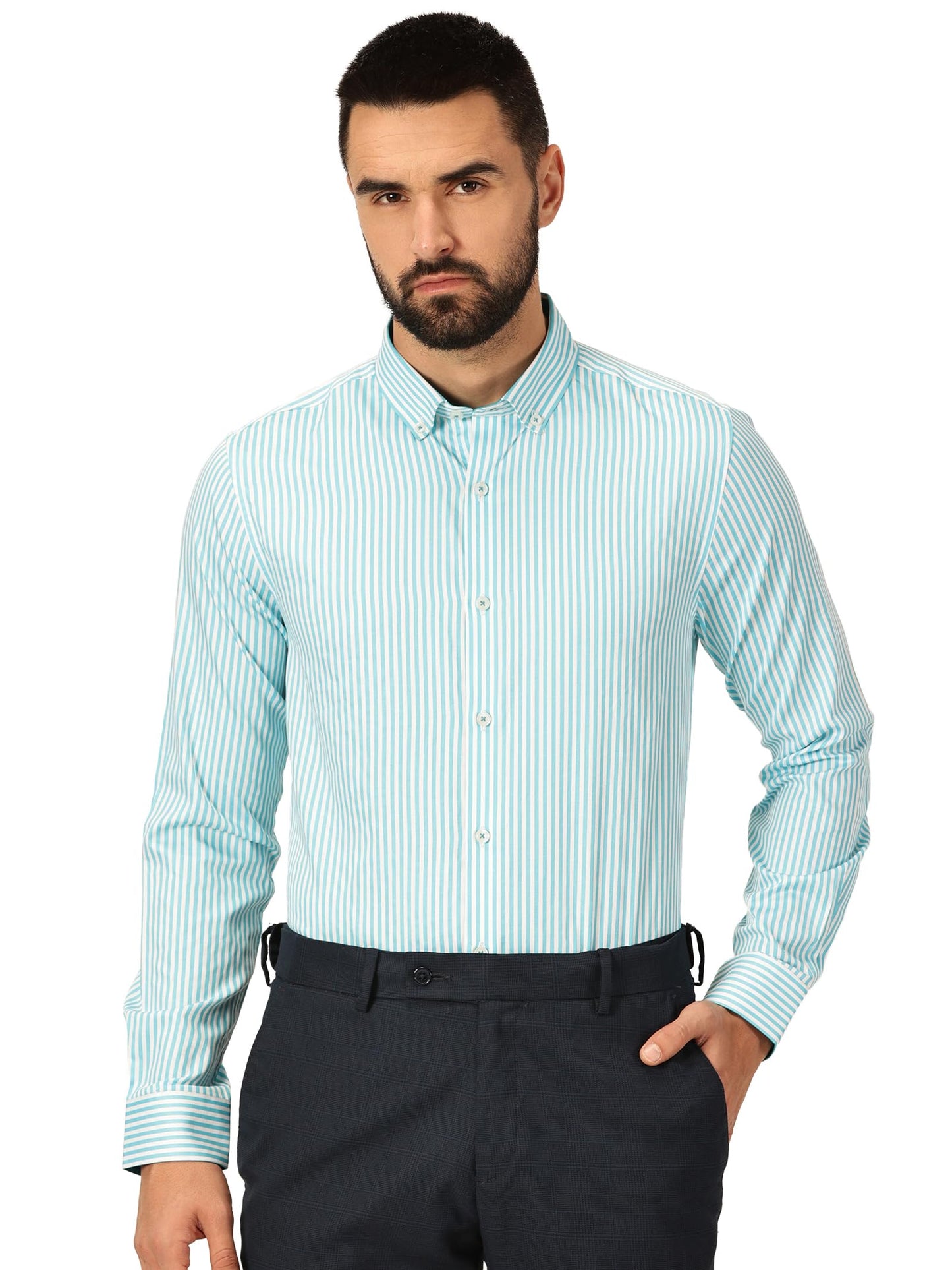 Thomas Scott 100% Cotton Full Sleeves Button-Down Collar Slim Fit Formal Shirt for Mens Aqua