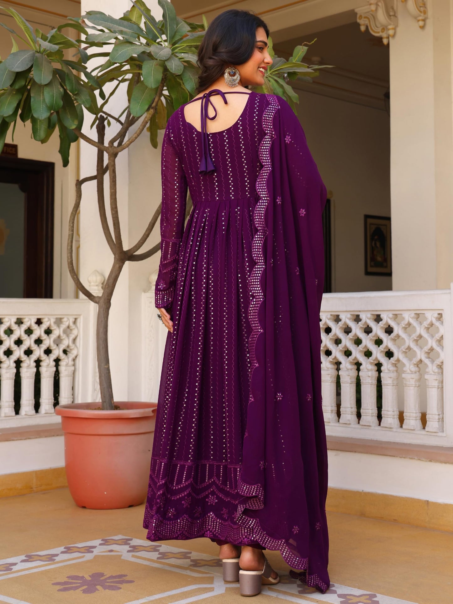 Fashion Basket Georgette Embroidered Anarkali Kurta Set For Women Purple