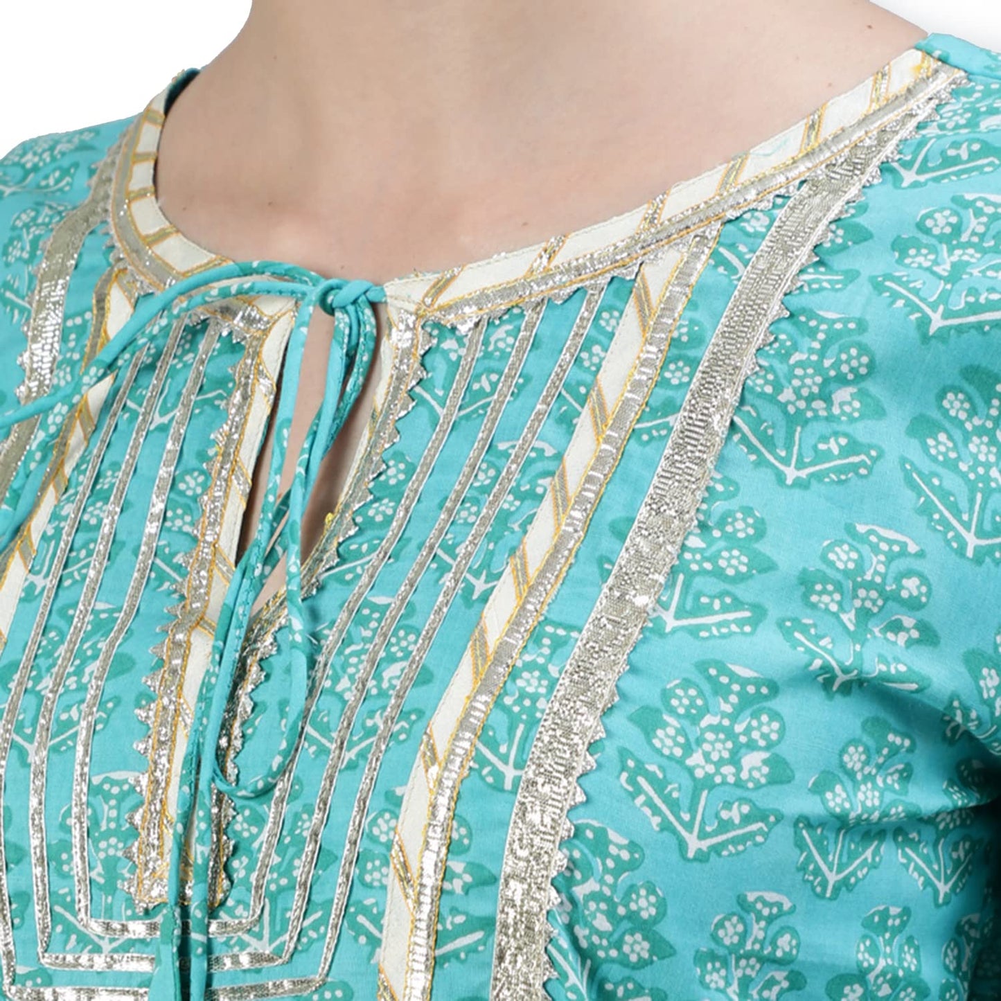 ishin Women's Sea Green Gota Patti Anarkali Kurta Set with Trouser and Dupatta