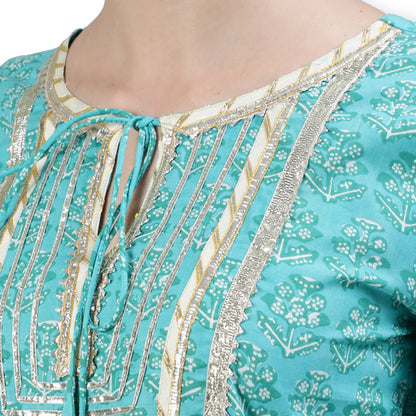 ishin Women's Sea Green Gota Patti Anarkali Kurta Set with Trouser and Dupatta