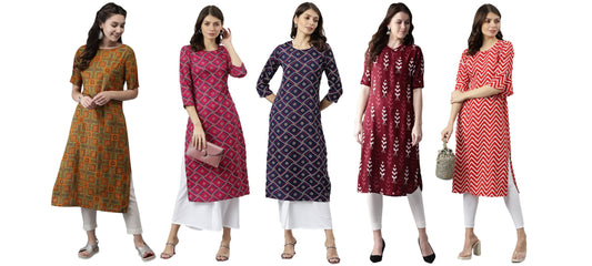 ANNI DESIGNER Women's Crepe Straight Printed Kurta Pack of 5 (Crepe-Combo-NW_045)