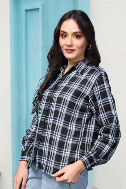 POPWINGS Casual Checks Print Shirt for Women | Cotton Full-Sleeves Women Shirt | Summer Shirt for Women | Stylish Shirt for Wome