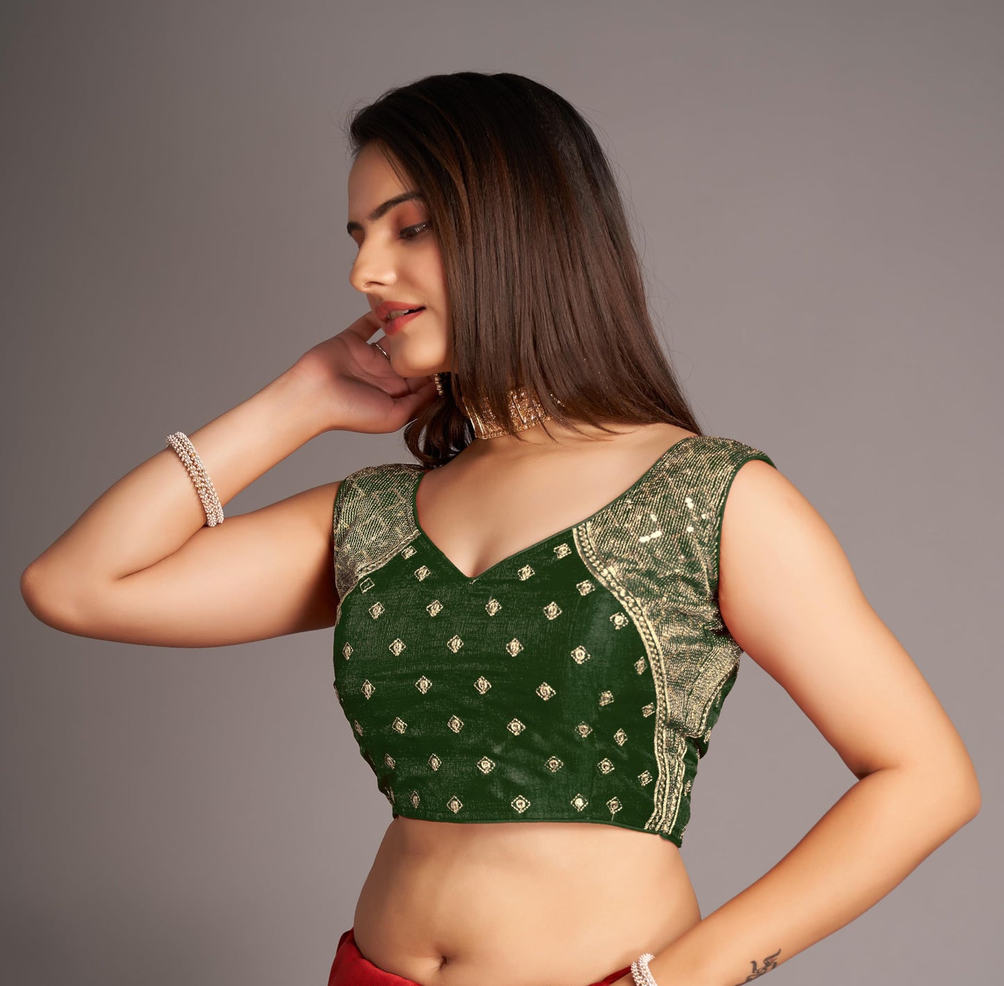 Pujia Mills WomenS Sequin Embroidered V Neck Sleeveless Green Readymade Saree Blouse Indian Ethnic Stitched Padded Blouses For