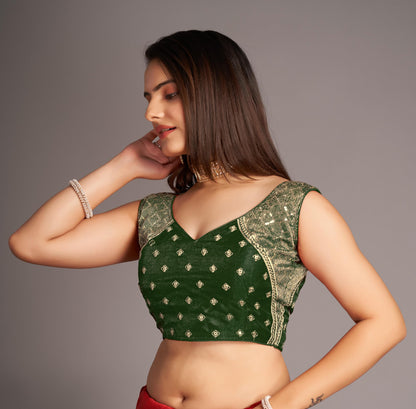Pujia Mills WomenS Sequin Embroidered V Neck Sleeveless Green Readymade Saree Blouse Indian Ethnic Stitched Padded Blouses For