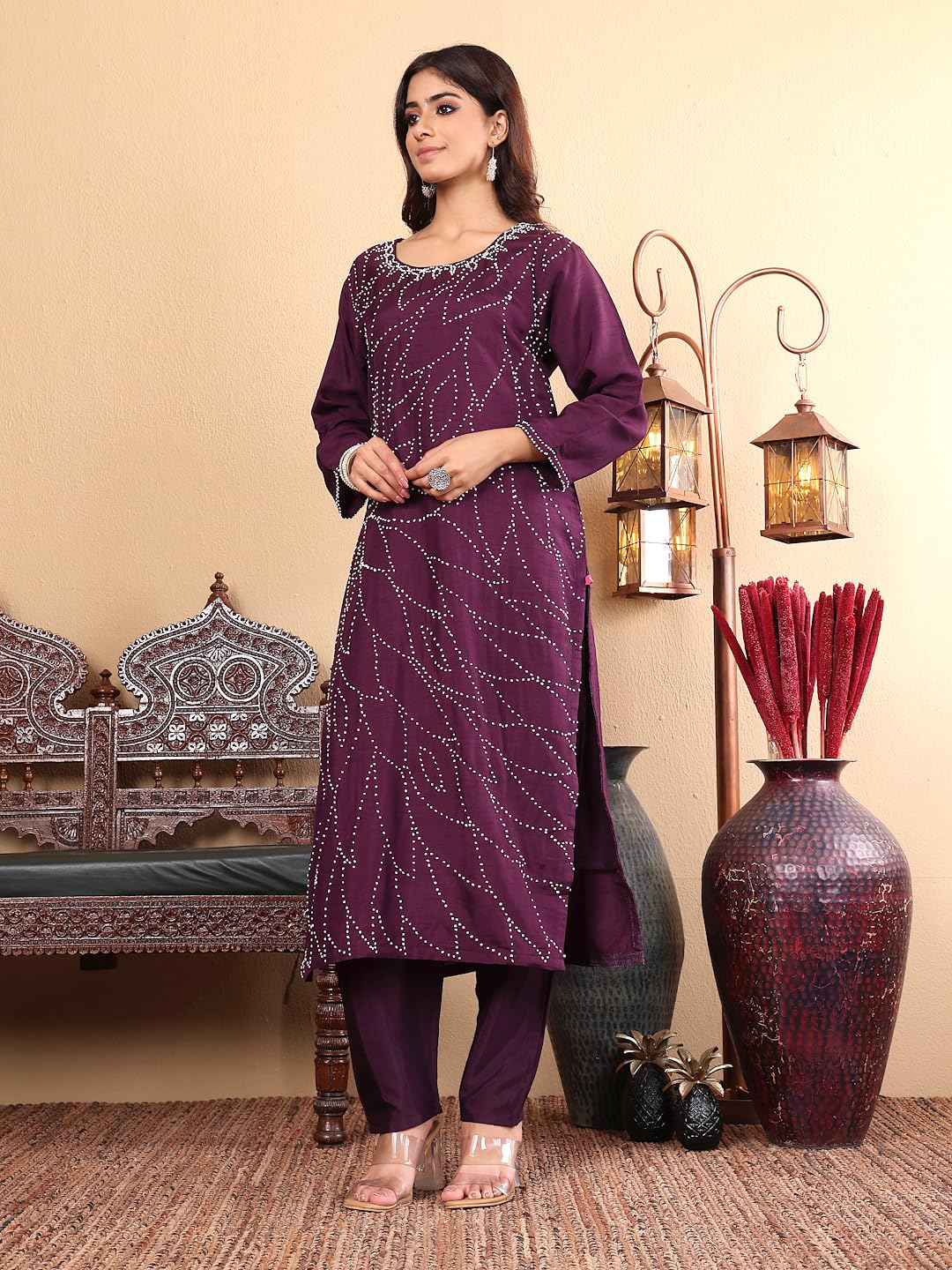 Varanga Women Purple Hand Embroidered French Knot Kurta With Tonal Bottom And Embroidered Dupatta.