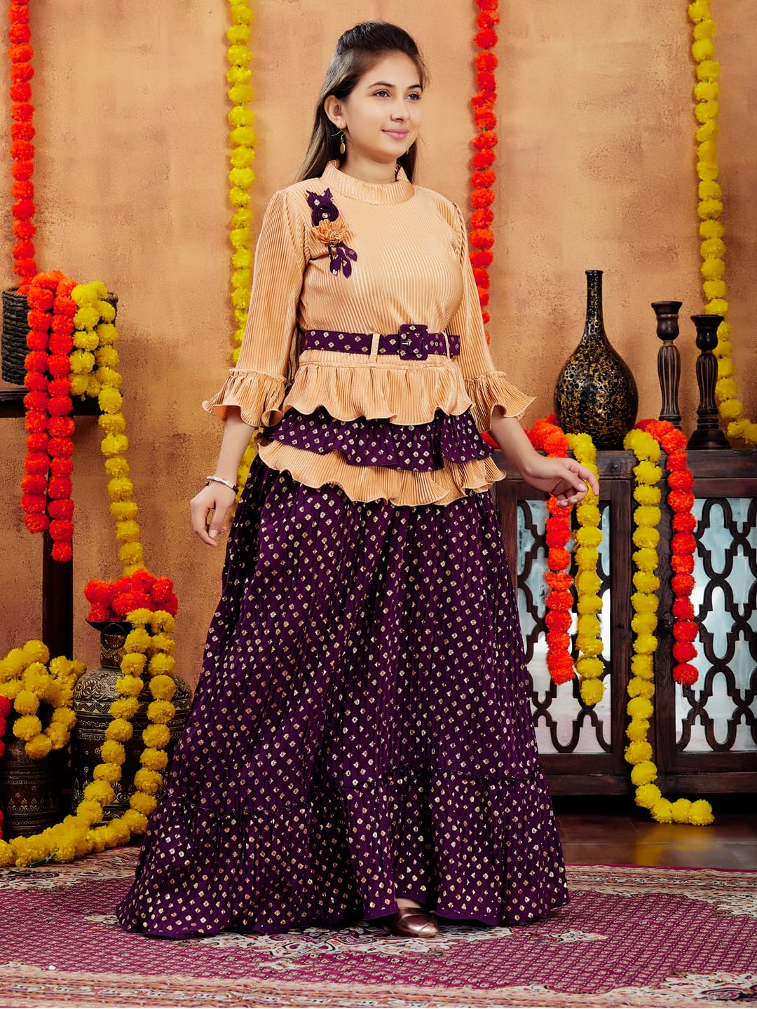 Aarika Girls Ethnic Wear Beige-Purple Colour Foil Print Nylon Lehenga Choli Set With Belt (5-16 Years)