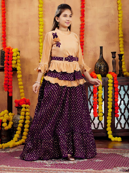 Aarika Girls Ethnic Wear Beige-Purple Colour Foil Print Nylon Lehenga Choli Set With Belt (5-16 Years)