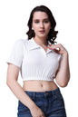 POPWINGS Casual Solid Collared Short Sleeves Crop Top for Women || Stylish Comfortable Women Crop Top for Summer White