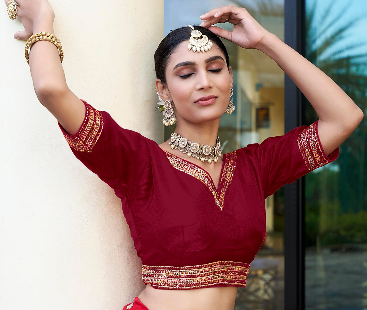 Pujia Mills WomenS Milan Silk Readymade Wine Blouse Half Sleeves Embroidery Aari Work Saree Choli