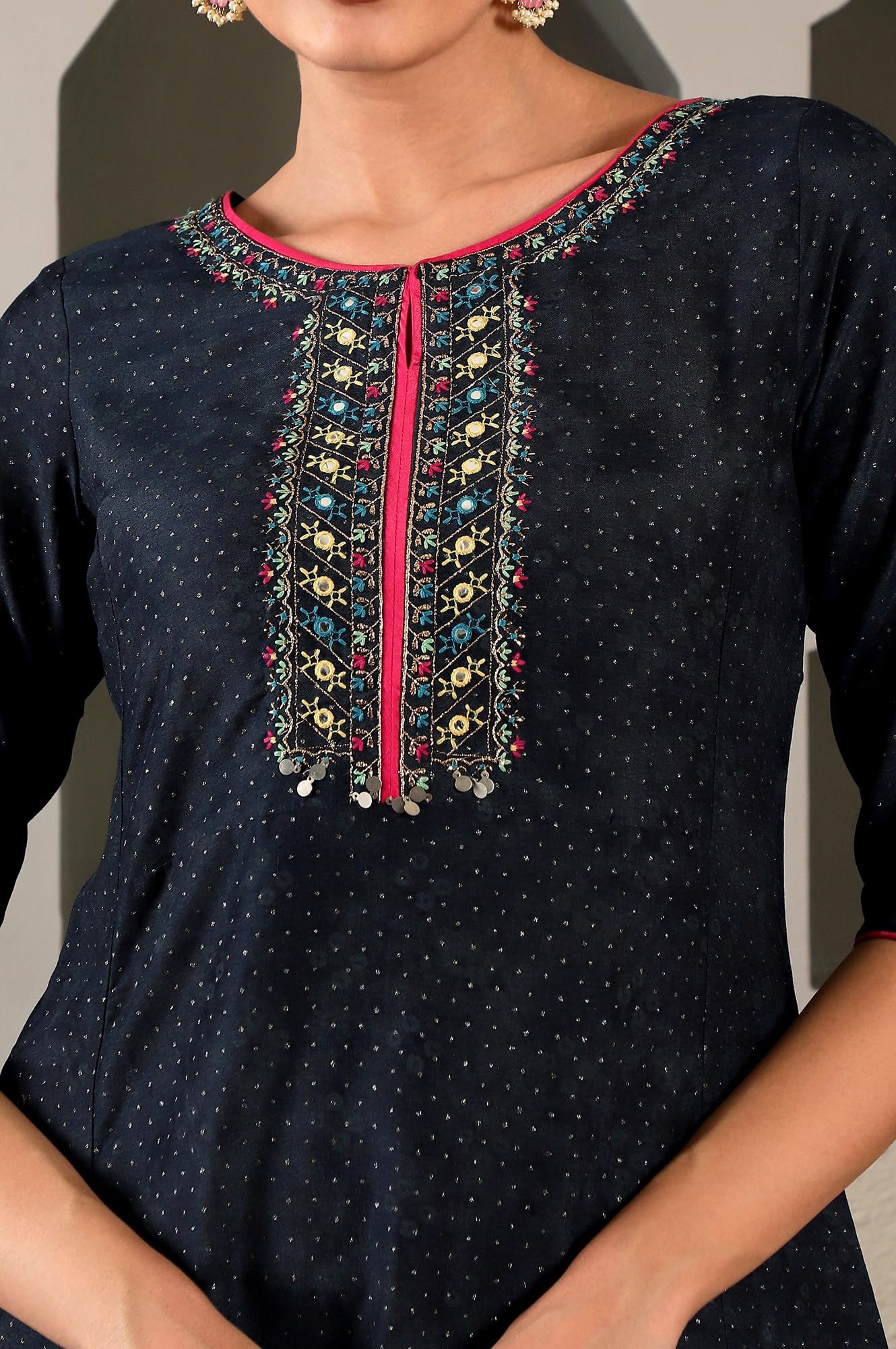 W For Woman Dark Blue Synthetic Polka Dot Regular Kurta With Glitter
