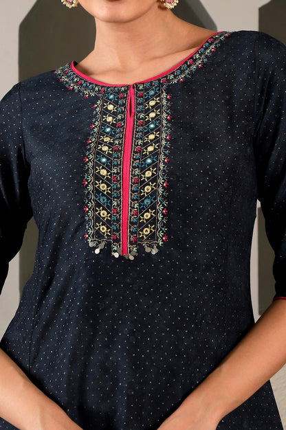W For Woman Dark Blue Synthetic Polka Dot Regular Kurta With Glitter