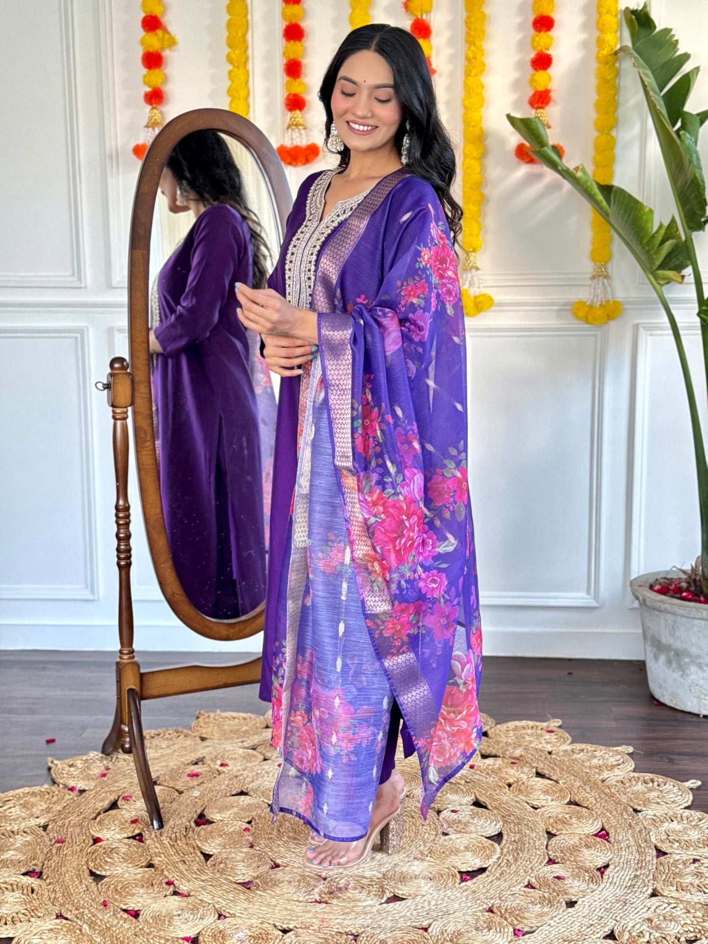 Naixa Womens Violate Chanderi Viscose Embroidered Straight Kurta with Chanderi Viscose Pant and Jacquard Silk Jacquard Dupatta