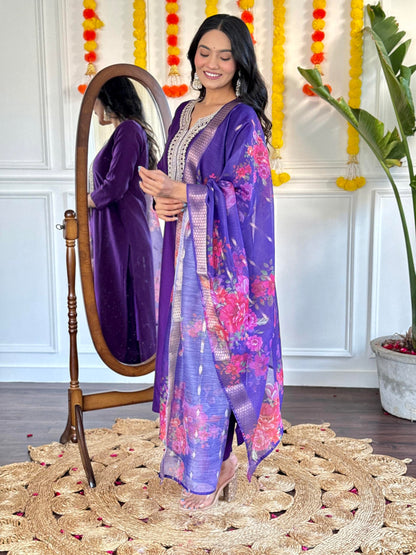 Naixa Womens Violate Chanderi Viscose Embroidered Straight Kurta with Chanderi Viscose Pant and Jacquard Silk Jacquard Dupatta