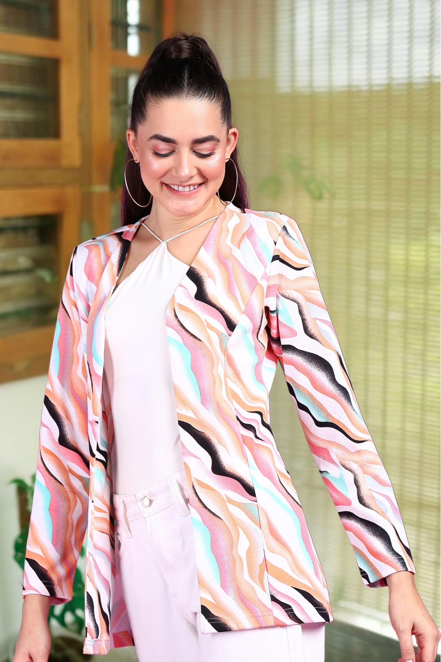 POPWINGS Women Casual Multi Color Marble Printed Open Long Shrug