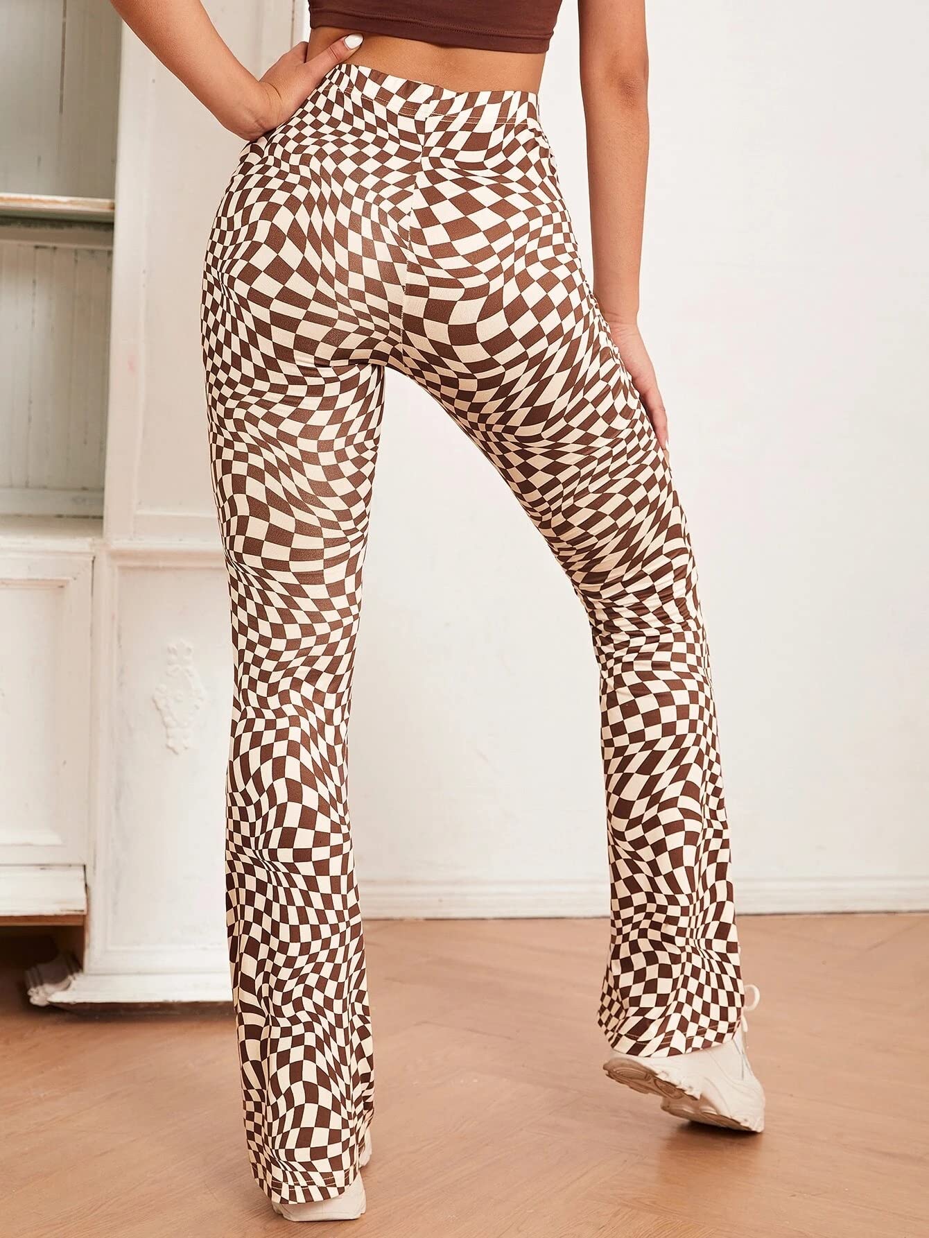 Shasmi Womens & Girls Coffee Checkered Print Dress Pants Stretchy Work Slacks Business Casual Office Bell-Bottom/Boot-Cut Elast