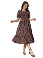 Kzully | Colorful Floral Print Midi Dress | Smocking And Elastic Comfort | Stylish Woman Wearing A Pretty Printed Flower | Trend