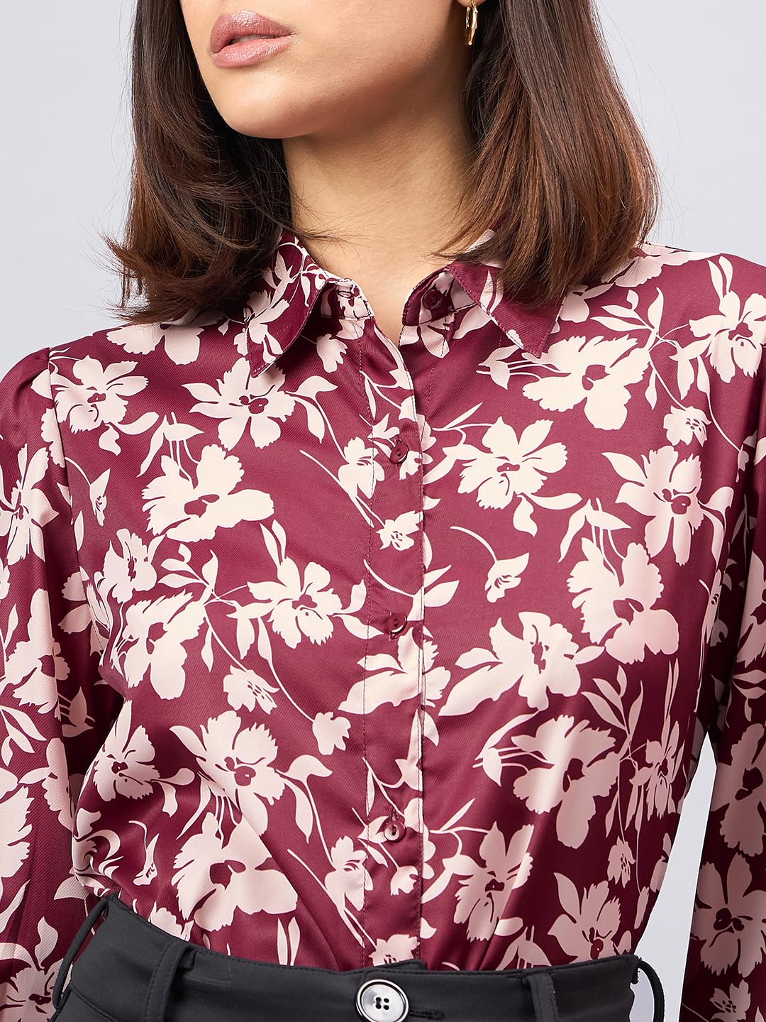 Style Quotient Women Maroon and Beige Floral Printed Polyester Regular Fit Smart Casual Shirt