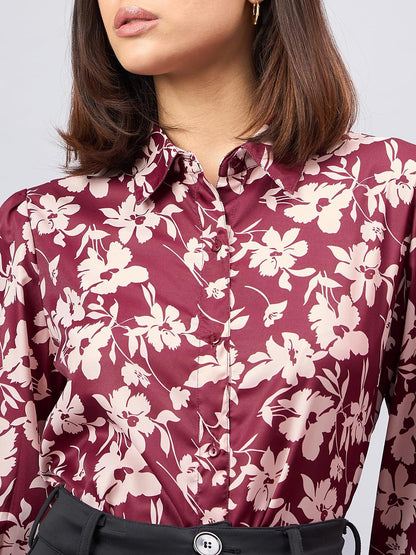 Style Quotient Women Maroon and Beige Floral Printed Polyester Regular Fit Smart Casual Shirt