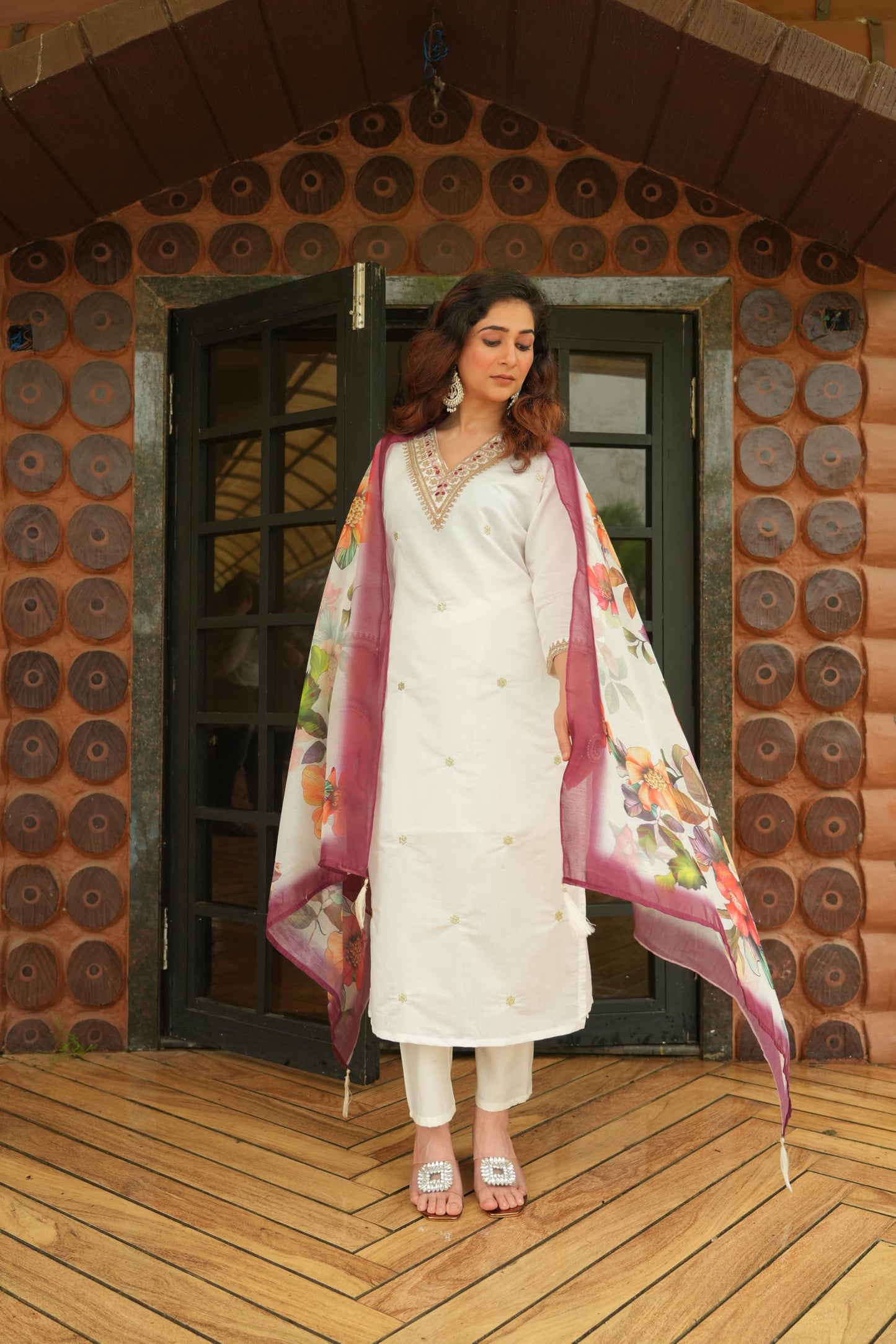 Rieka Women Embroidered Kurta Set With Floral Printed Dupatta & Straight Pant | Ethnic Wear Set For Women | Silk Blend Kurta Set