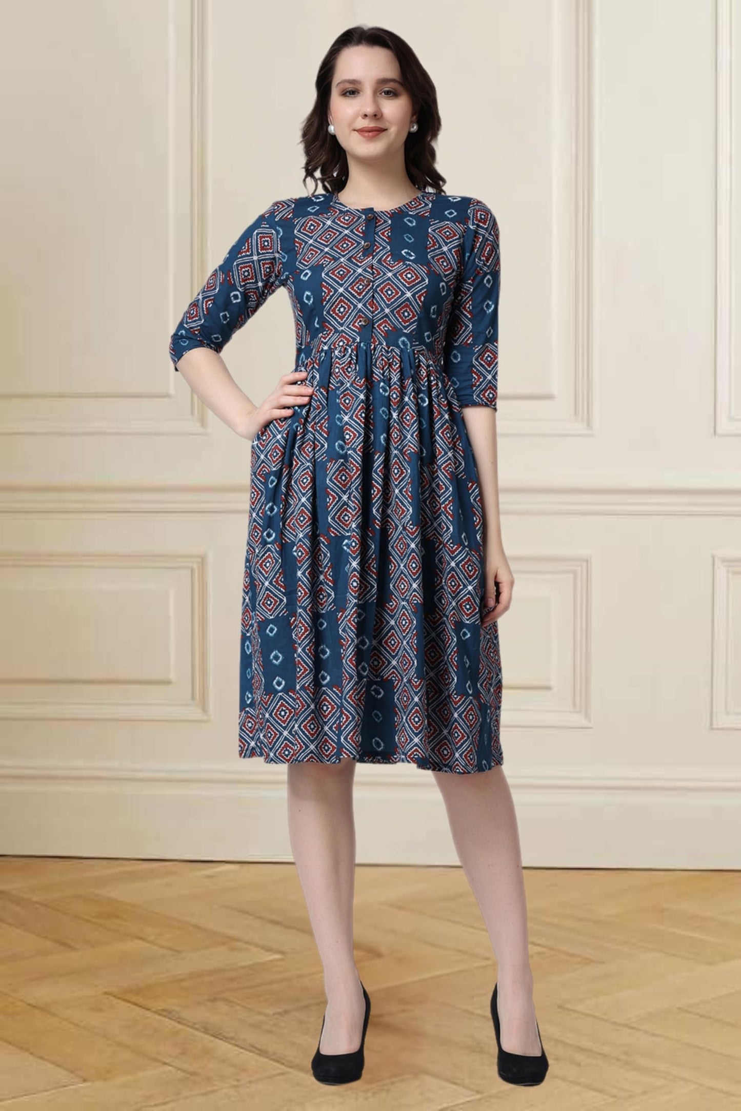 Popwings Casual Printed Peplum-Style Dress For Women || Cotton Summer Dress For Women || 3/4 Sleeves Dress For Women || Riound N