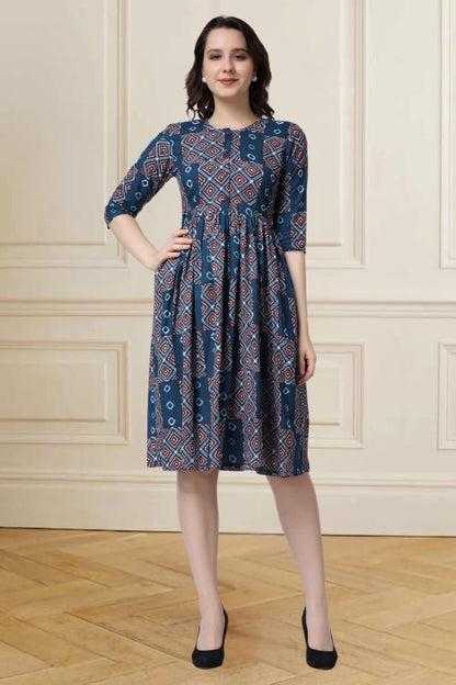 Popwings Casual Printed Peplum-Style Dress For Women || Cotton Summer Dress For Women || 3/4 Sleeves Dress For Women || Riound N
