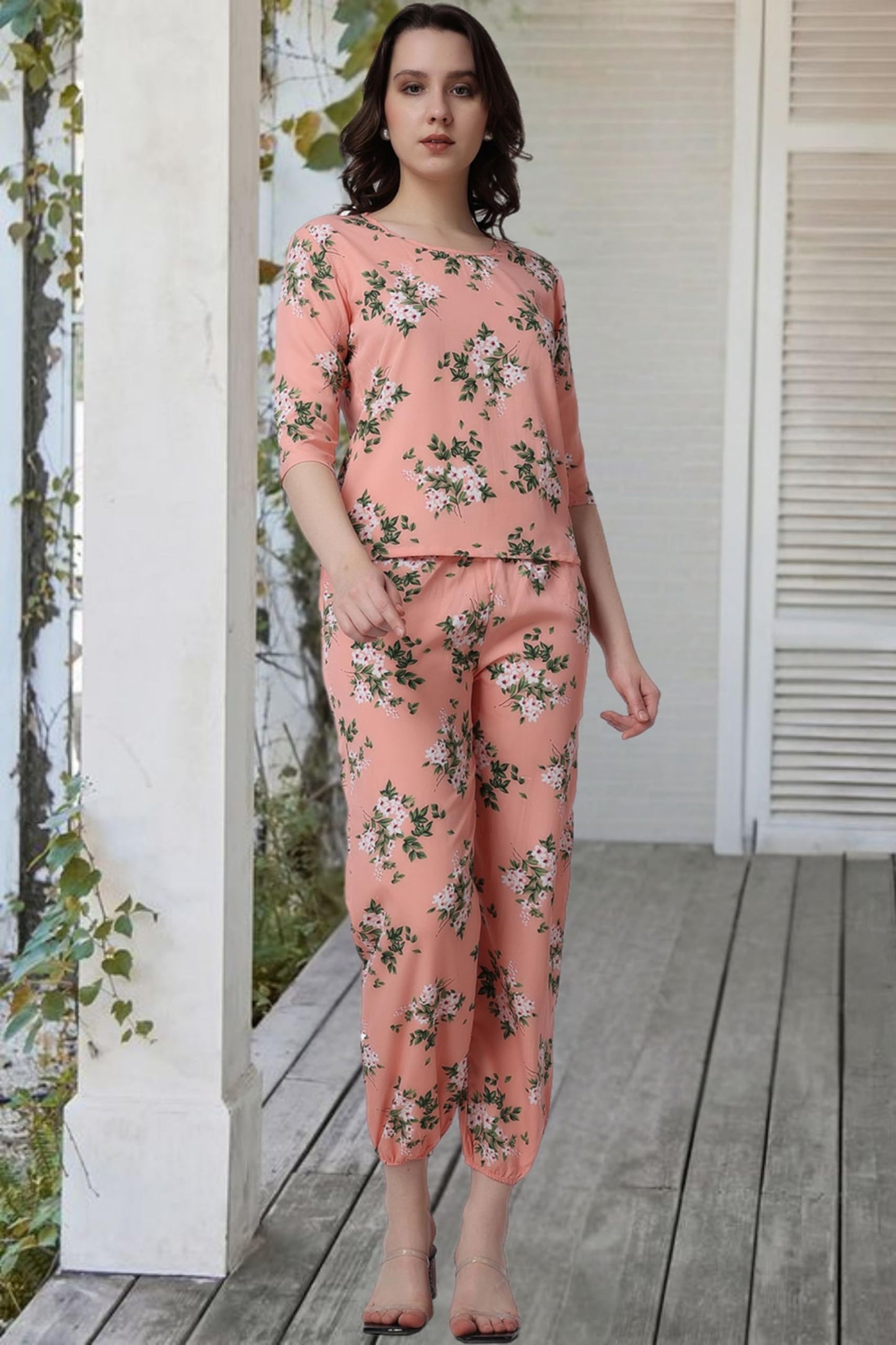 POPWINGS Casual Printed Top and Joggers Set for Women || Stylish Summer Co-Ords Set for Women || Round-Neck Top and Joggers Comb
