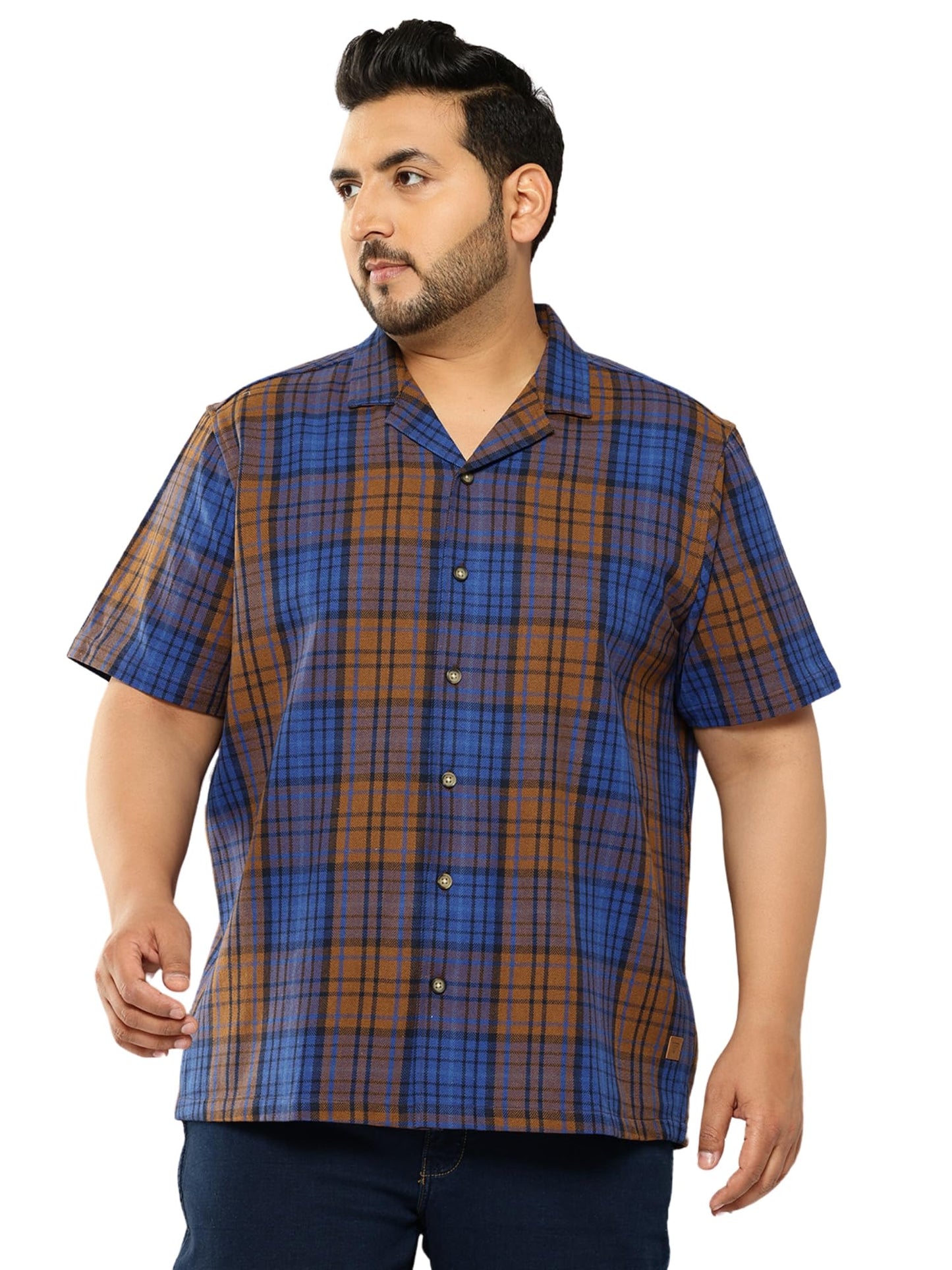 Thomas Scott Men | Short Sleeves | Regular Fit Plus Size | Windowpane Checks | 100% Cotton | Cuban Collar | Casual Shirt(TS1733_
