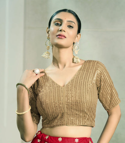 Pujia Mills Women's Designer Embroidered Sari Blouse, Georgette, Gold, Size 74, PM B Navya Model, Deep V Neck, Half Sleeve