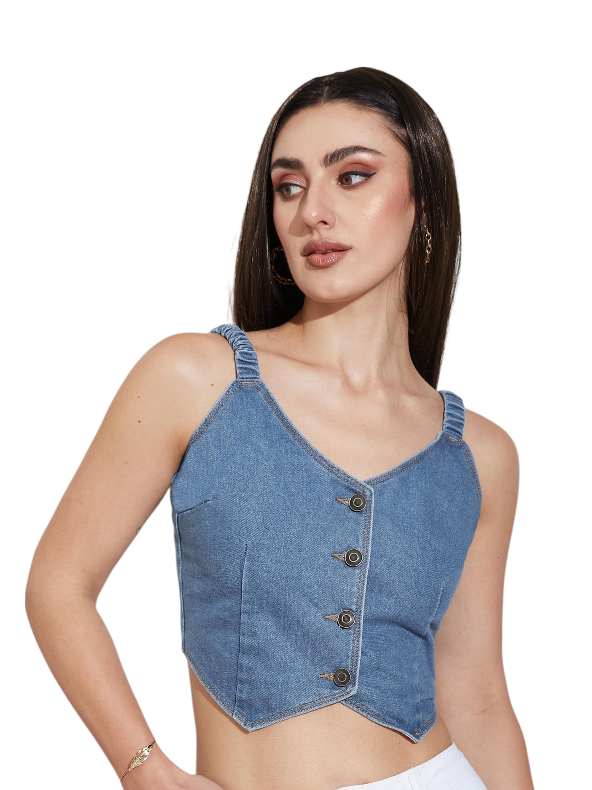 Miss Chase Womens V Neck Elasticated Straps Sleeve Solid Waistcoat-Styled Cropped Denim Top (MCAW25DEN61-36-HIG-05, Tidewater Bl