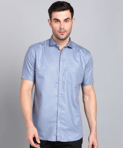 Mildin MenS Regular Cotton Blend Grey Slim Fit Solid Button Down Spread Collar Half Sleeve Curved Hemline Formal Shirt With One