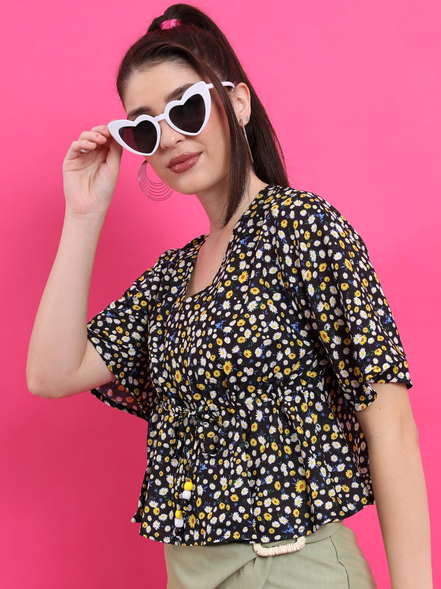 Ketch WomenS Regular Fit Tops (Khtp000334_Black/Yellow/Multi