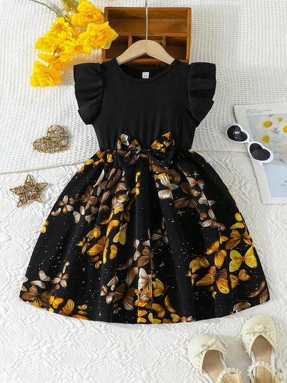 TAGAS Girl Summer Casual Dress with Flutter Sleeves, Roses Print || Girls Dress || Party Dress for Girls ||Fency Dress||(KD-2012
