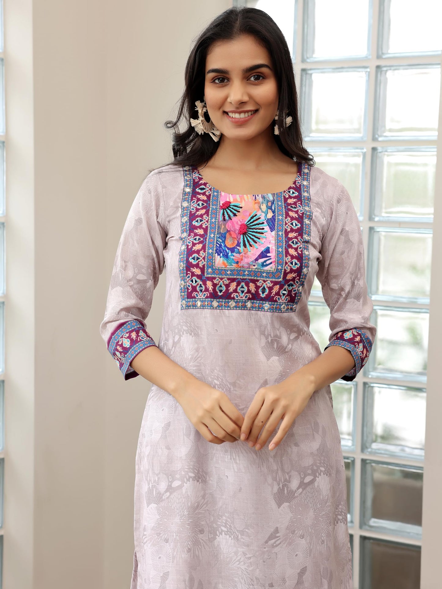 Libas Womens Printed Linen Straight Kurta With Trousers And Dupatta
