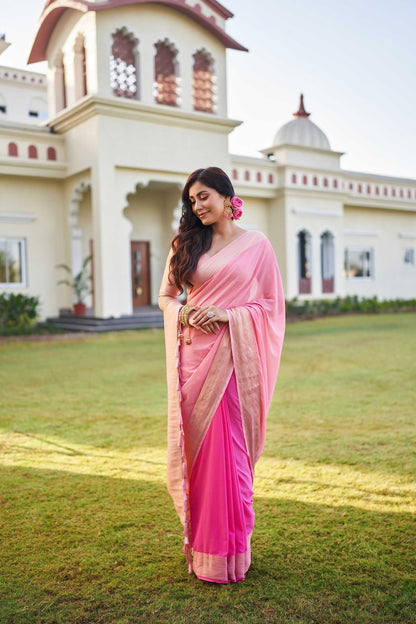 Vardha Womens Banarasi Georgette Half and Half Saree with Unstitched Blouse Piece - Gold Zari Woven Work Sarees for Wedding (ish