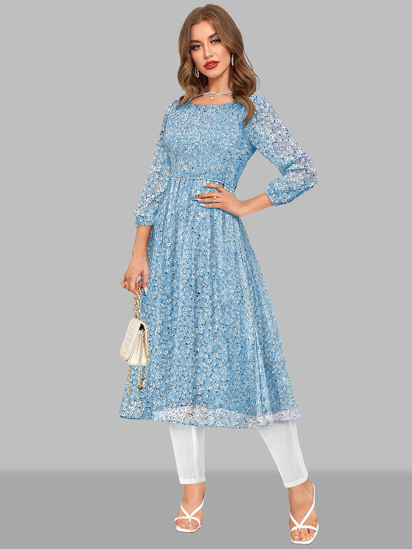 Toochki WomenS Sky Blue Georgette Floral Fit & Flared Regular Fit
