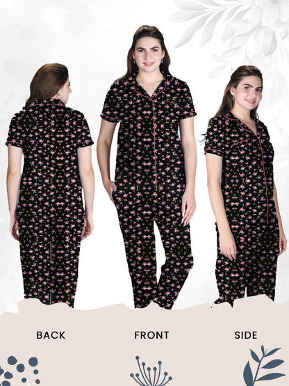 Lyra WomenS Cotton Shirt And Pyjama Printed Night Suit Black