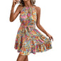 Gufrina Women Western Dress In Floral Print Halter Neck Multicolor - Elegant Sleeveless Summer Dress With Adjustable Waist Tie A