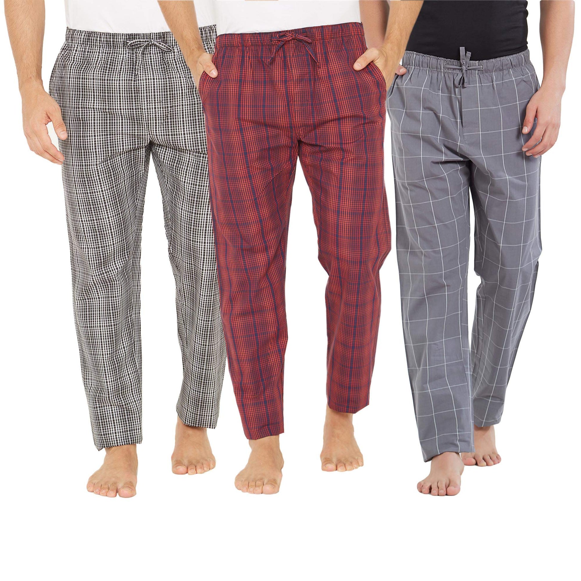 XYXX Mens Super Combed Cotton Checkered Checkmate Pyjamas [Pack of 3] Elasticated Waist, Drawstring | Loungewear for Men in Red